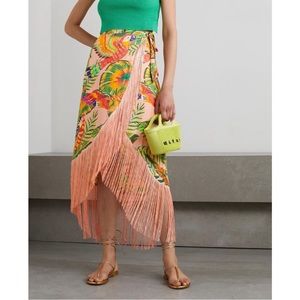 FARM Rio Fringed Printed Voile Wrap Skirt XS